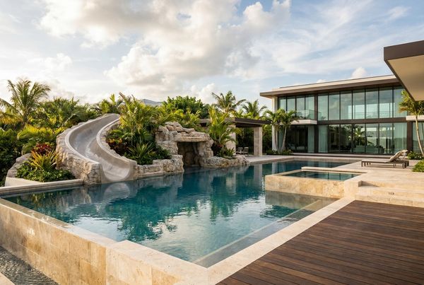 Family pool with a curved water slide splashing into the swimming depth