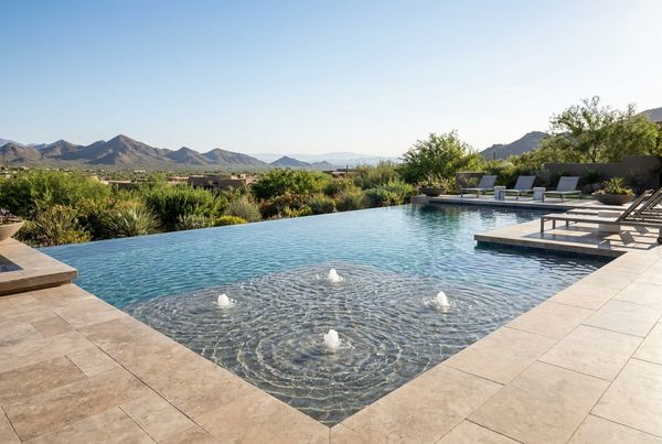 Bubblers erupting on a shallow tanning ledge while children play in a few inches of water