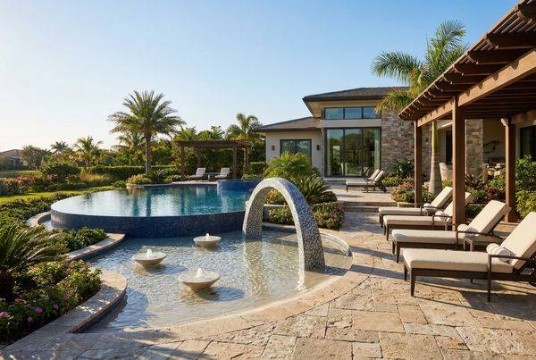 Family pool with a shallow play zone, bubblers and safety fencing in a backyard