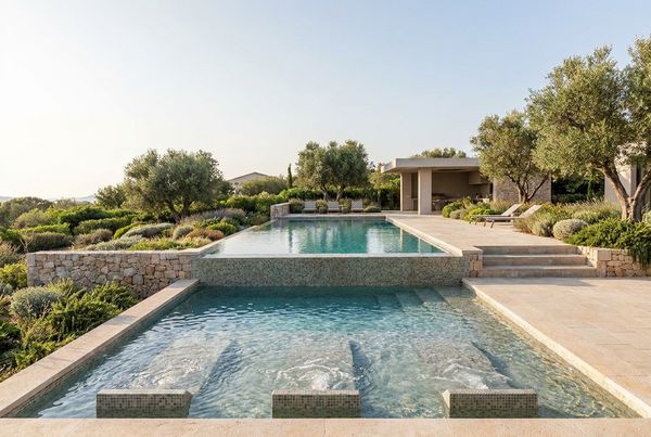 Family pool with a shallow play zone bordered by textured non-slip decking