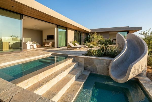 Family pool with broad shallow entry steps leading past a shallow zone to a slide