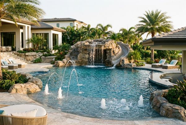 Modern family pool with fun water features, bubblers and soft LED lighting at dusk