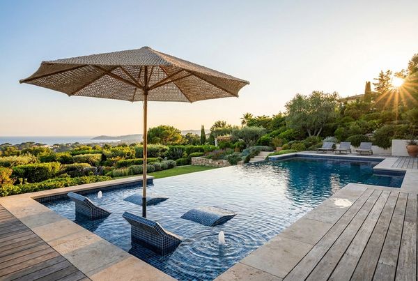 Kid-friendly tanning ledge with a few inches of water and loungers