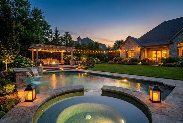 Family pool with a curved water slide splashing into the deep end