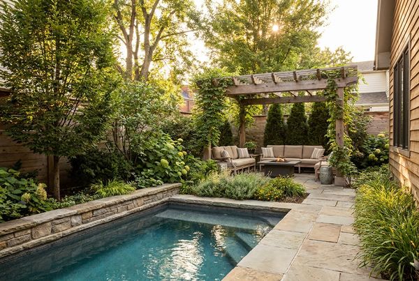 Backyard splash pad beside a family pool with arching water jets
