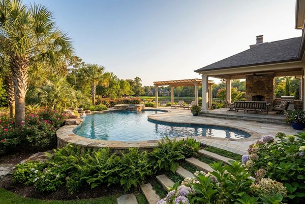 Family pool shaded by a pergola with loungers along a shallow ledge