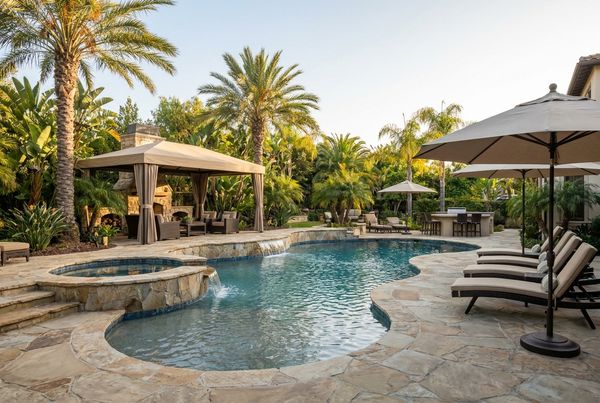 Resort-style family pool with a beach entry, bubblers and safety fence
