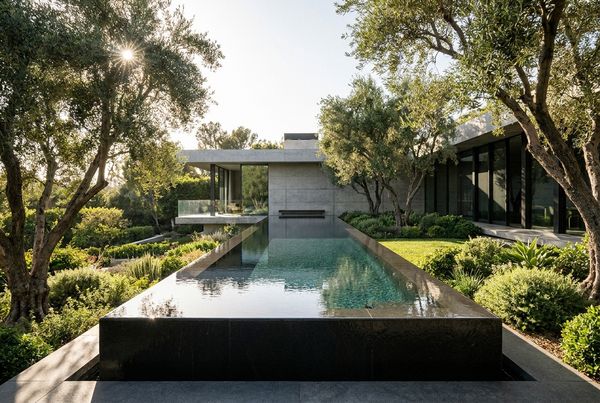 Long narrow modern lap pool with clean coping running the length of a backyard