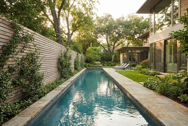 Long lap pool running along a fence line in a narrow side yard