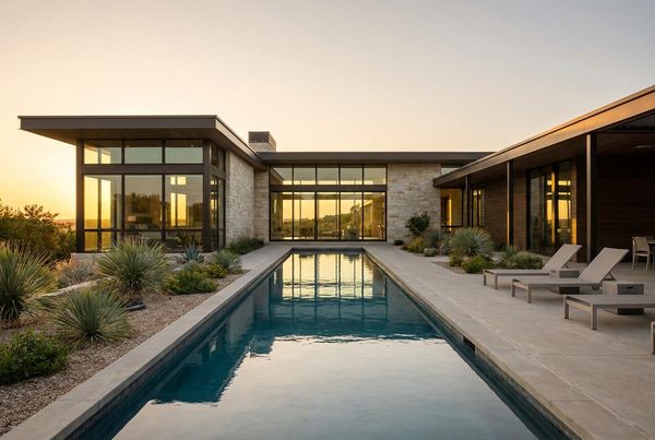 Lap pool running alongside a modern house with flush stone coping