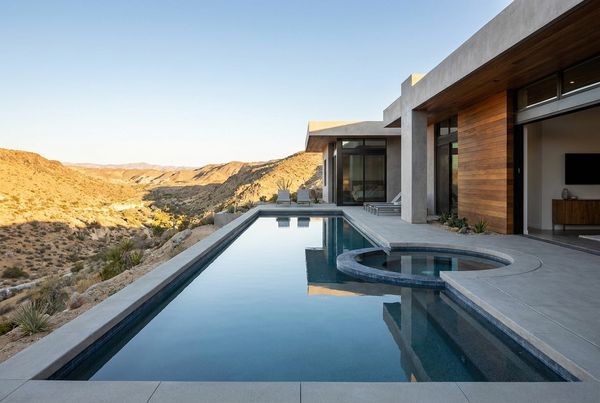 Lap pool with an attached raised spa spilling over into the lane