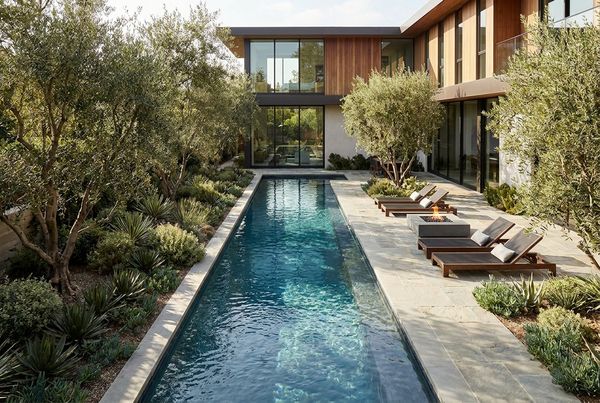 Lap pool set into a paved courtyard with clean modern coping