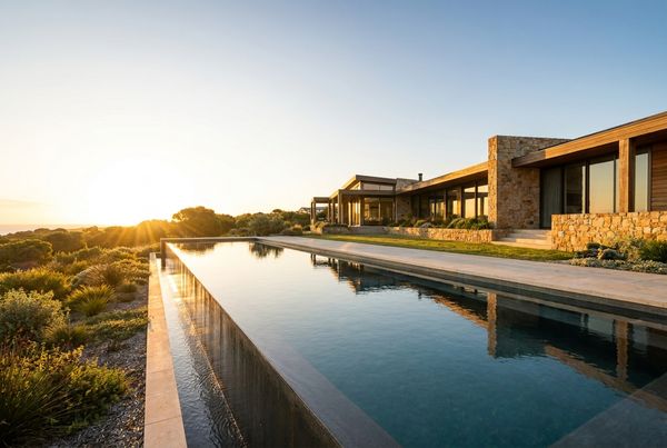 Lap pool with dark tile interior along a fence line