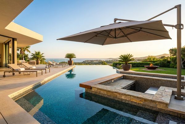 Luxury pool with a swim-up bar and lush surrounding landscape