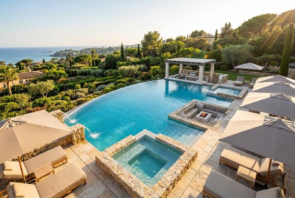 Luxury pool with multiple integrated water and fire features
