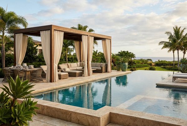 Luxury pool with a covered cabana and lounge seating