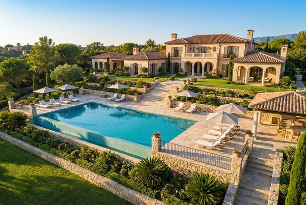 Aerial view of a luxury estate pool and its landscaped grounds