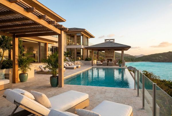 Luxury resort villa pool with palms and loungers