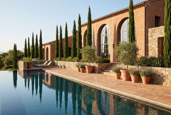 Mediterranean backyard with warm stucco, terracotta and a villa-style pool
