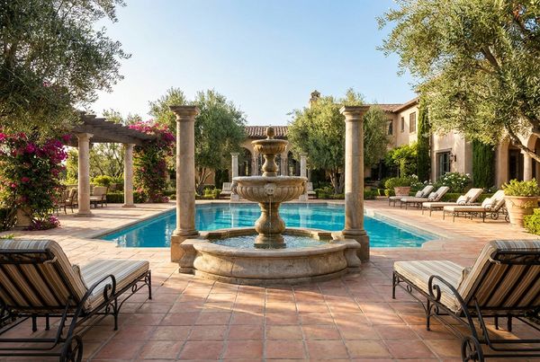 Mediterranean pool with a tiered stone fountain