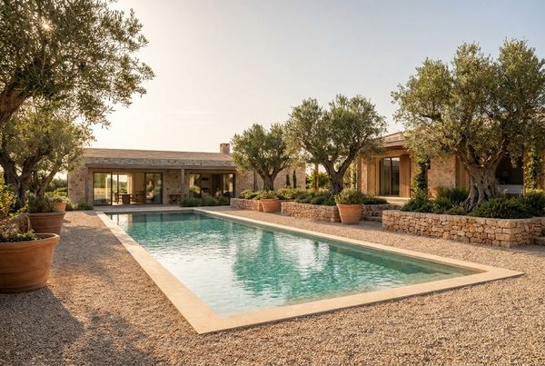 Olive trees and gravel surrounding a Mediterranean pool