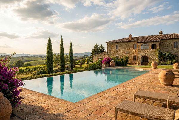 Tuscan villa backyard with a pool and warm stone terrace