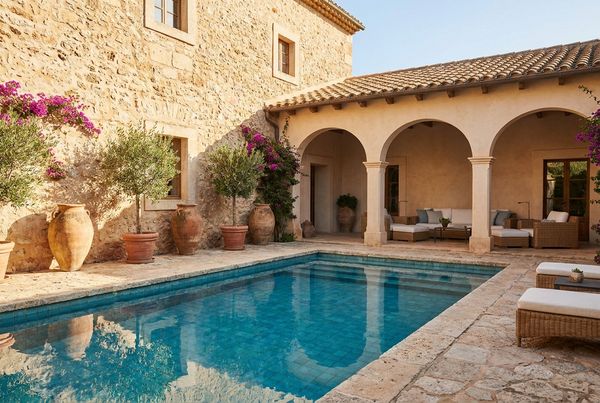 Mediterranean courtyard pool framed by stucco walls and gravel