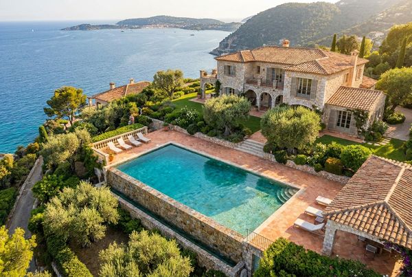 Aerial view of a Mediterranean pool set in a courtyard