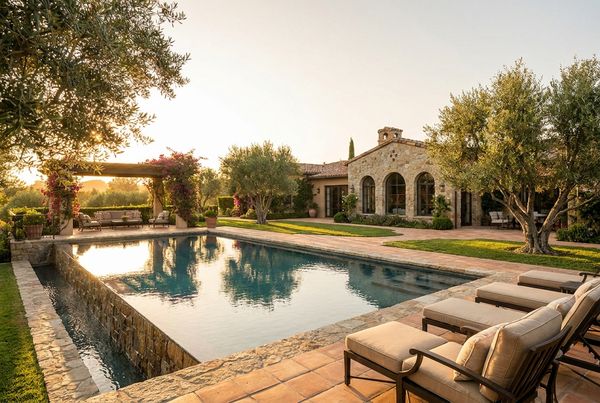 Tuscan villa backyard with a pool and stone terrace