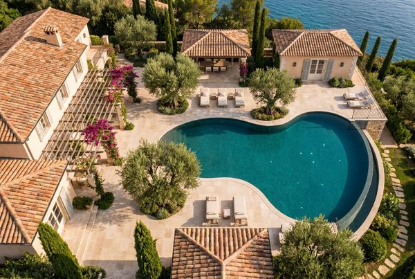 Mediterranean pool trimmed with patterned blue tile