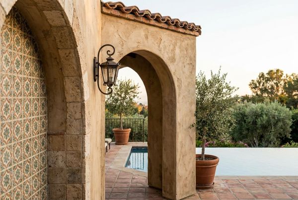 Mediterranean backyard with a fountain and a spillover spa