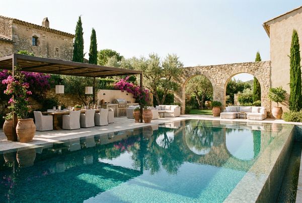 Terracotta paving and cypress trees around a villa pool