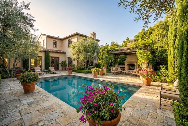 Mediterranean pool glowing warm at dusk