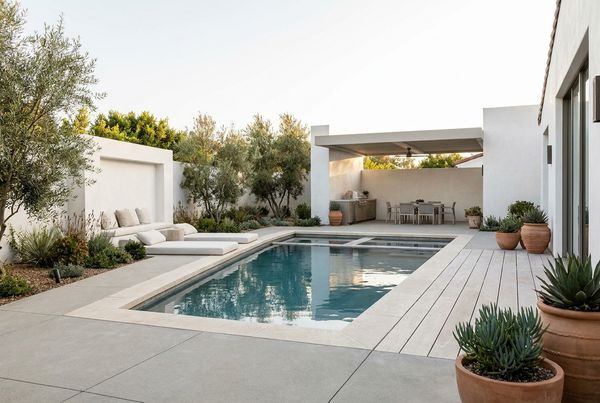 Wrought iron furniture and lavender beside a Tuscan pool