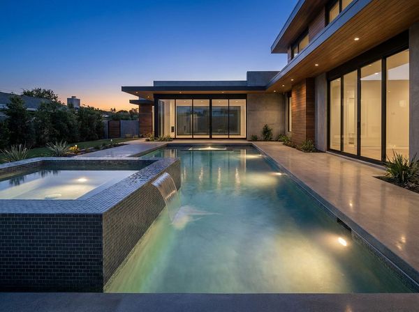 Modern geometric pool design with raised spa and sheer descent water feature