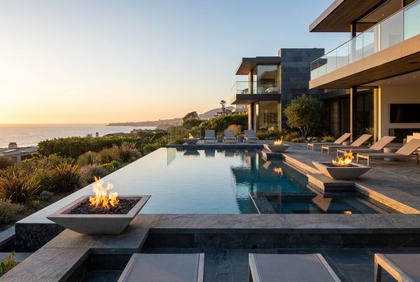 Modern pool with fire bowls glowing along the edge at night