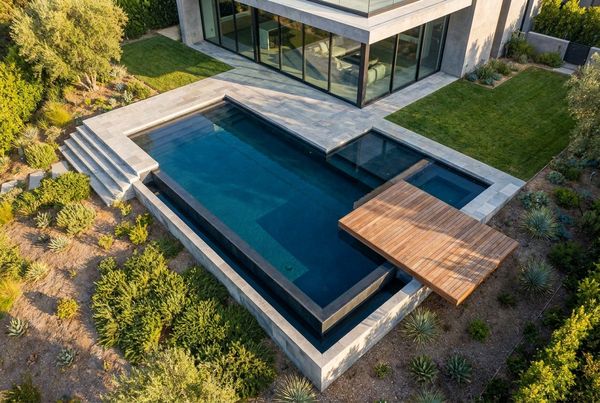 Aerial view of a modern rectangular pool with clean minimalist decking