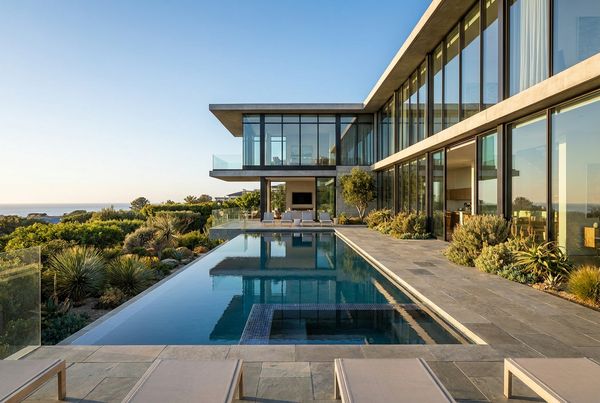 Modern pool beside a glass-walled contemporary house
