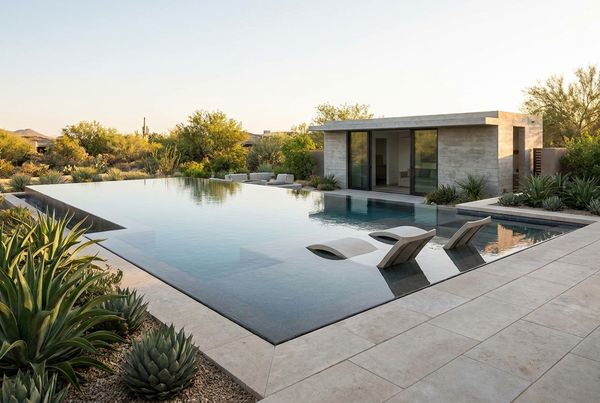 Modern pool with a wide tanning ledge and lounge chairs