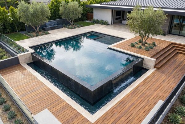 Modern pool with a raised spa and spillover