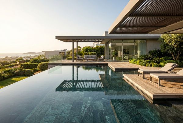 Modern pool with fire bowls along the edge