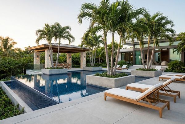 Modern pool with minimalist planting and clean decking