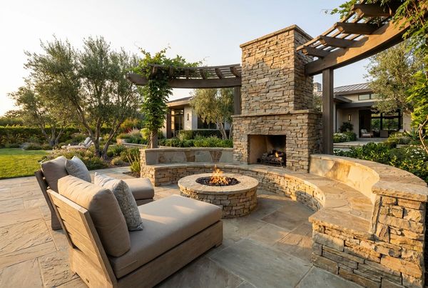 Stacked-stone outdoor fireplace with comfortable seating arranged in front of it