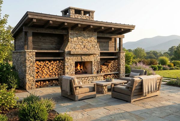 Outdoor fireplace with built-in wood storage niches flanking the firebox