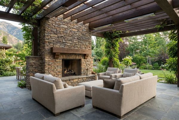 Outdoor fireplace on a covered patio with a raised hearth and stone surround