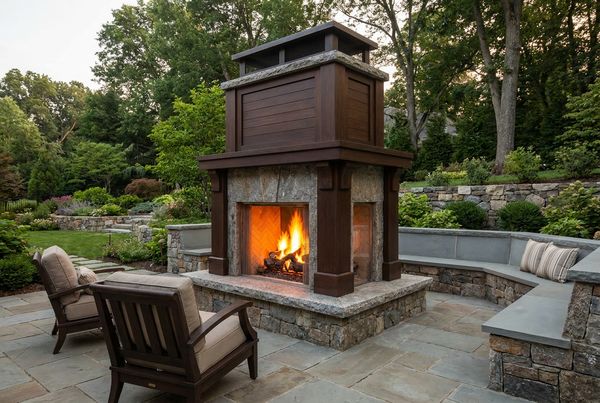 Two-sided see-through outdoor fireplace open on both faces between two seating zones