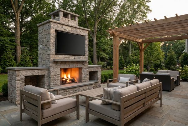 Outdoor fireplace with a mounted television above the mantel on a patio