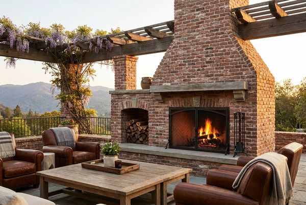 Rustic brick outdoor fireplace burning real wood with logs stacked to the side