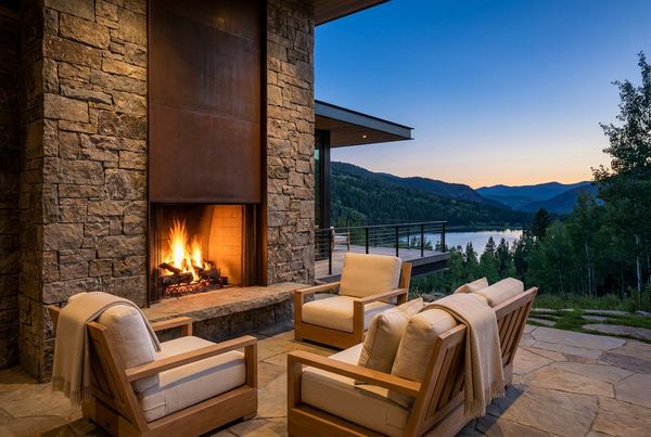 Outdoor fireplace glowing on a patio with lounge seating in cooler weather