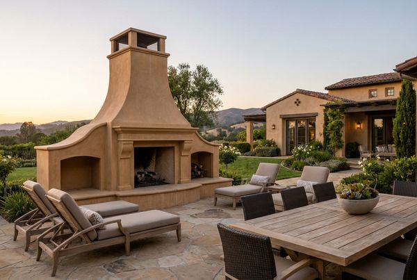 Tall stucco outdoor fireplace anchoring a modern patio